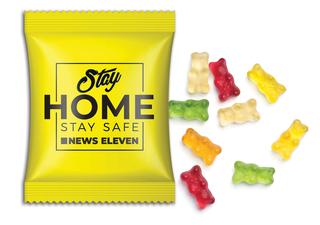Mini-Gummibärchen vegan im Werbetütchen 15 g Fruchtmischung Standard-Folie transparent + weiß