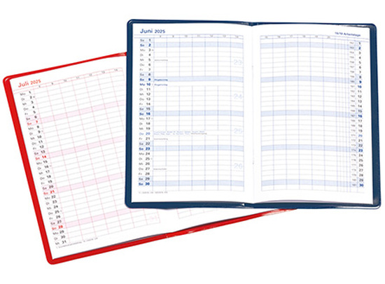 Taschenkalender "Status" im Format 9,5 x 16 cm, Kalendarium Grau/Blau, 32 Seiten gebunden + 16 Seiten ABC-Heft, eingesteckt in PVC-Hülle weiß