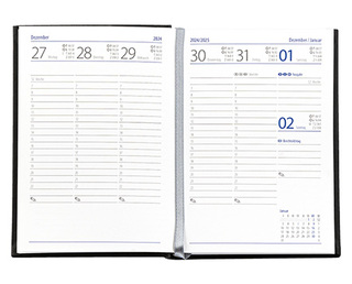 Taschenkalender "Taschenbuch Woche" im Format 10,5 x 14,8 cm, deutsches Kalendarium Grau/Blau mit Leseband, 144 Seiten Fadenheftung, Einband Slinky bordeaux
