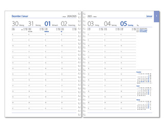 Wochenkalender "Business D Wire" im Format 17,2 x 24 cm, deutsches Kalendarium Grau/Blau, 144 Seiten, Wire-O-Bindung, mit Eckenperforation, Deckelpaar Slinky dunkelblau