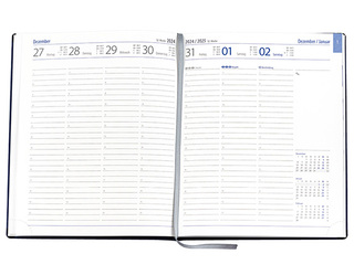 Wochenkalender "Manager D" im Format 21 x 26 cm, deutsches Kalendarium Grau/Blau mit Leseband, 144 Seiten Fadenheftung, Eckenperforation, Einband Magic anthrazit