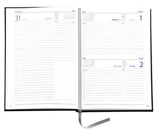 Buchkalender "Trend Chefkalender D" im Format 14,5 x 20,5 cm, deutsches Kalendarium Grau/Blau mit Leseband, 352 Seiten Fadenheftung, Eckenperforation, Einband Slinky dunkelblau