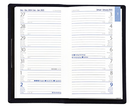 Taschenplaner "Exquisit" im Format 9,5 x 16 cm, Kalendarium 4-sprachig D/F/I/GB Grau/Blau, 64 Seiten gebunden + 16 Seiten ABC-Heft, eingesteckt in PVC-Hülle mittelblau