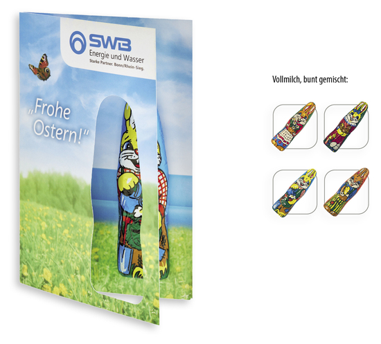 Faltkarte mit individuellem Druck - Schokofigur, Inhalt: Figur aus Edel-Vollmilchschokolade (Osterhase)